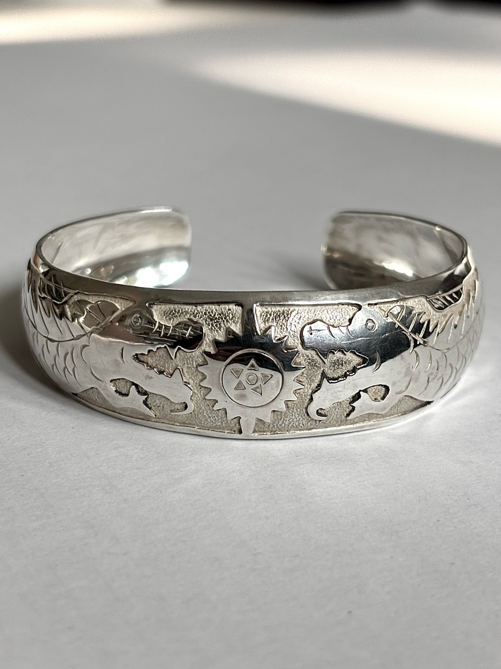 Solid 925 Sterling Silver Dragon Cuff Bracelet | Vintage Engraved Bracelet
